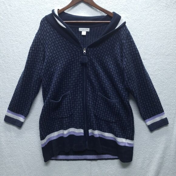 Christopher & Banks Sweater Petite XL Blue Full Zip Cardigan Geometric Knit - Picture 2 of 8